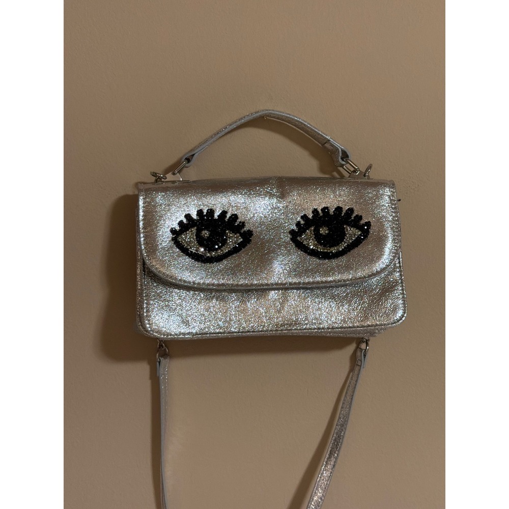 Betsey Johnson Metallic Silver Eye Beaded Crossbody Bag Top Handle Purse Rose